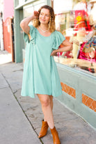 Out For The Day Sage Crinkle Woven Ruffle Sleeve Dress Haptics