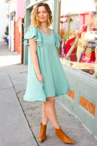 Out For The Day Sage Crinkle Woven Ruffle Sleeve Dress Haptics