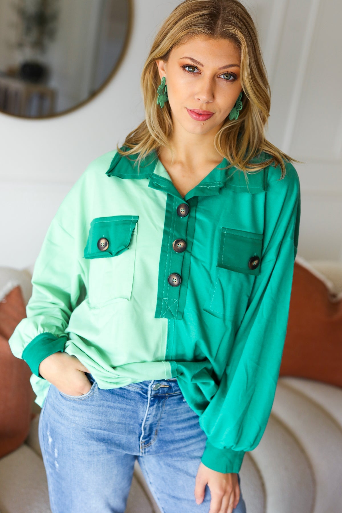 On The Way Up Mint Color Block Button Down Pullover Haptics
