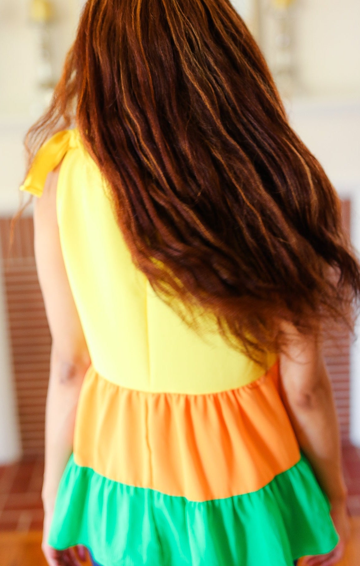 Yellow & Tangerine Tiered Shoulder Tie Crepe Top Haptics