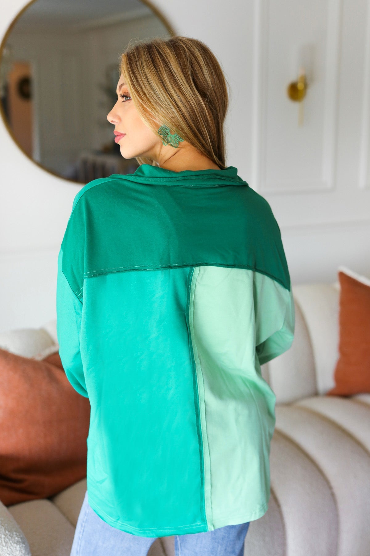 On The Way Up Mint Color Block Button Down Pullover Haptics