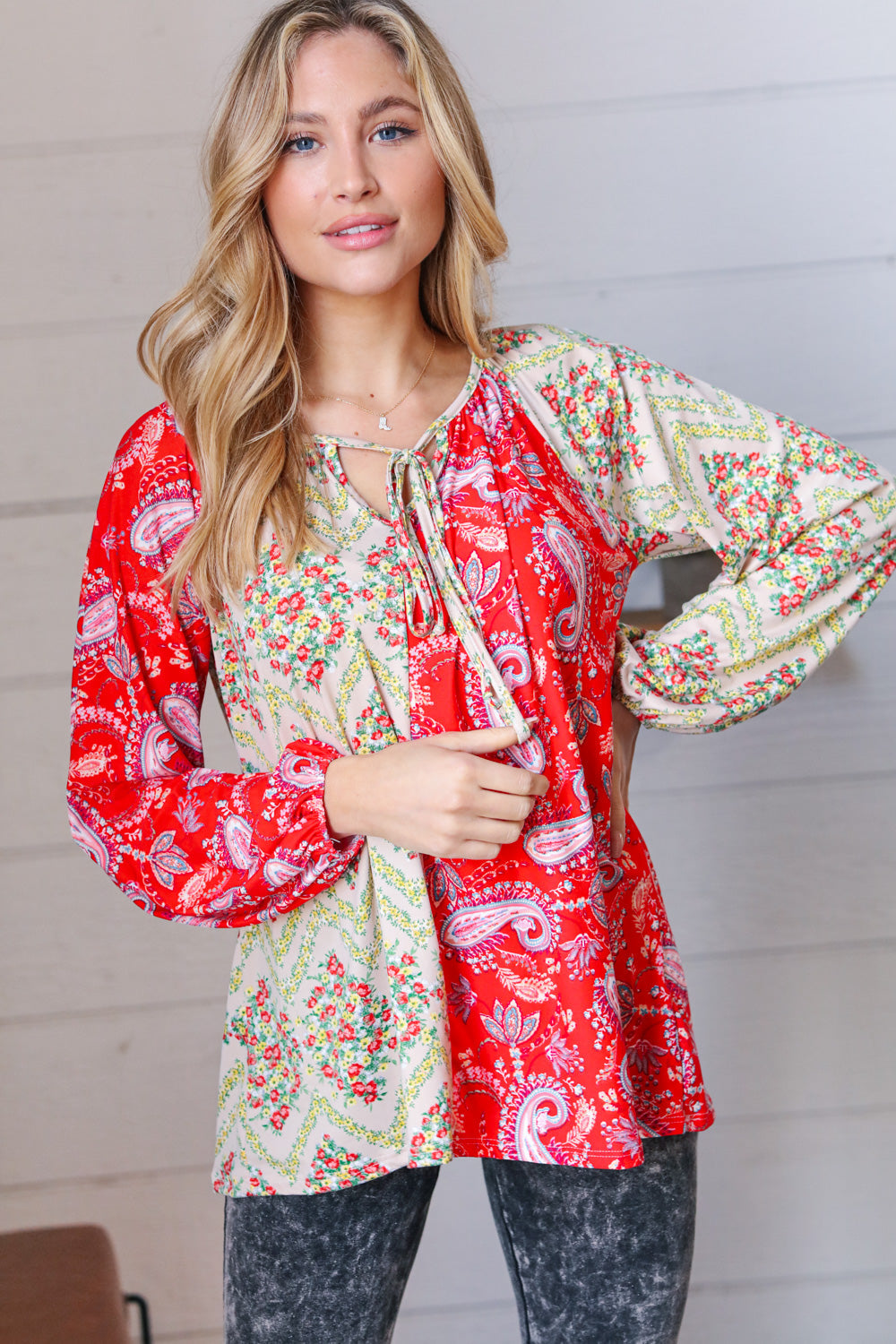 Scarlet Paisley and Floral Chevron Bubble Sleeve Top Haptics