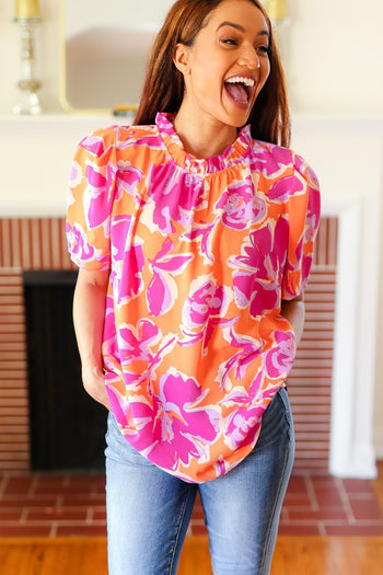 Feel Your Best Fuchsia Orange Floral Print Frill Mock Neck Top Haptics