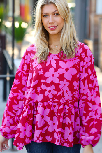 Red & Magenta Floral V Neck Woven Babydoll Top Haptics