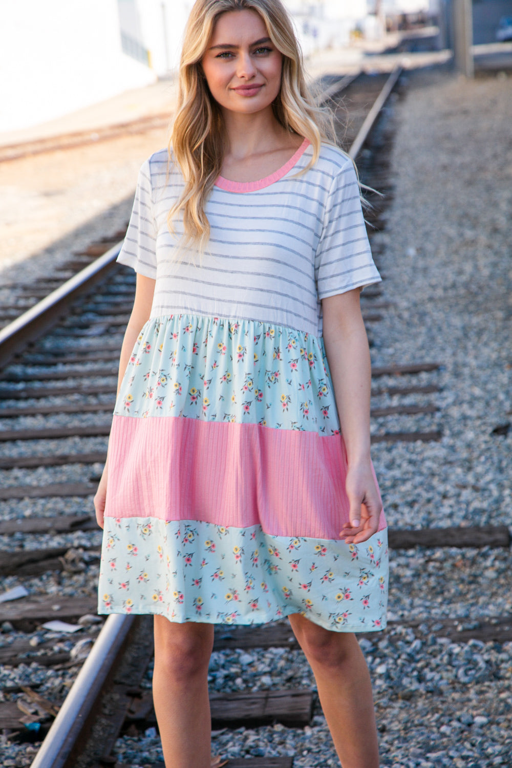 Floral and Stripe Color Block Fit and Flare Rib Dress Haptics