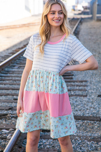 Floral and Stripe Color Block Fit and Flare Rib Dress Haptics