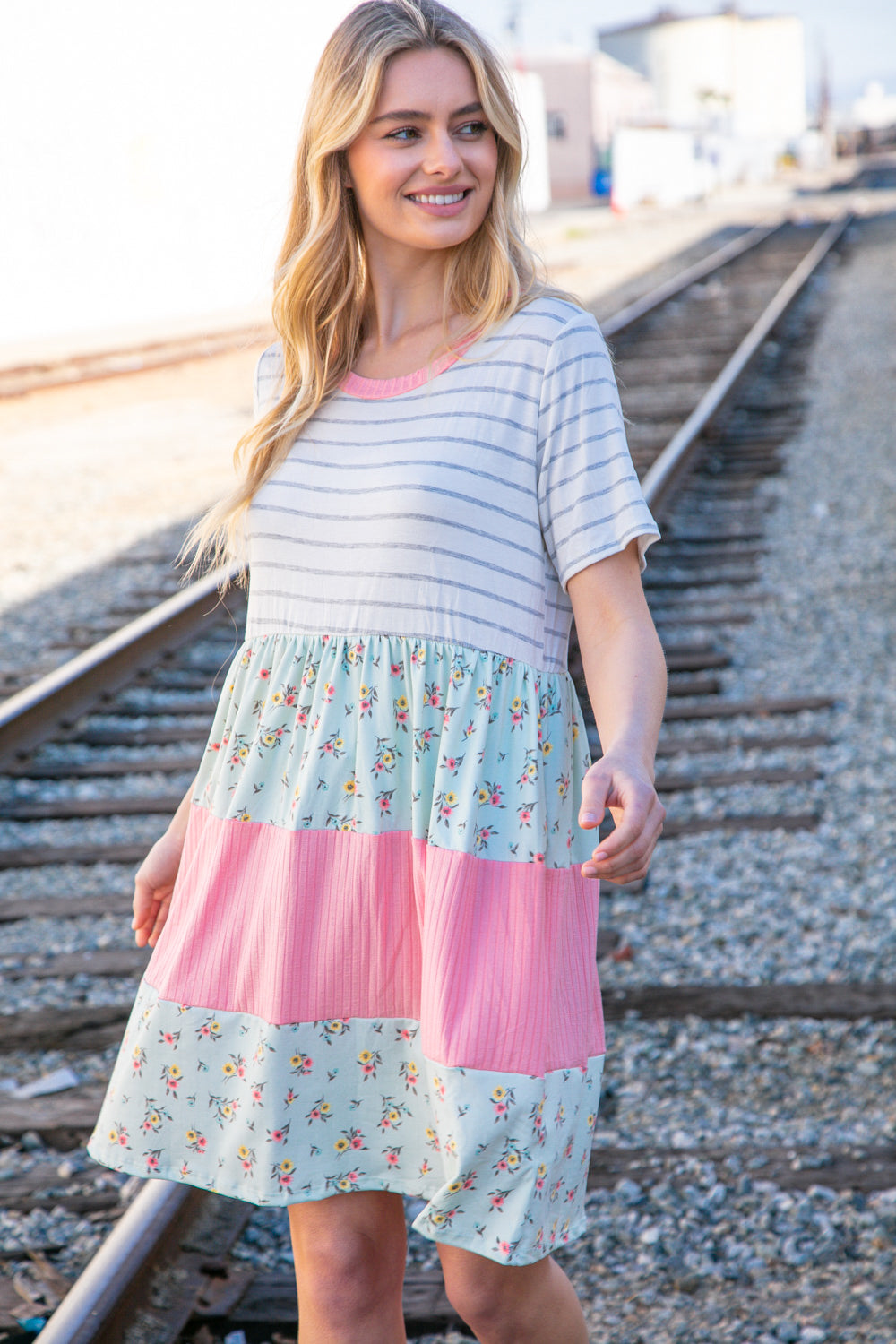 Floral and Stripe Color Block Fit and Flare Rib Dress Haptics