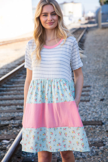 Floral and Stripe Color Block Fit and Flare Rib Dress Haptics