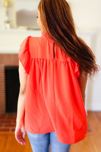 Red-Orange Mock Neck Flutter Sleeve Top (Copy) Haptics