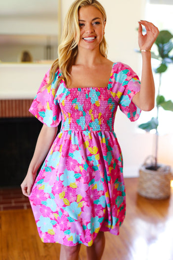 Vacay Vibes Fuchsia Floral Print Fit & Flare Smocked Dress Haptics