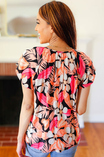 Peach Tropical Floral Tie Neck Raglan Top Haptics