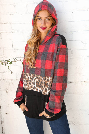 Plaid & Leopard Print Color Block Hoodie Haptics