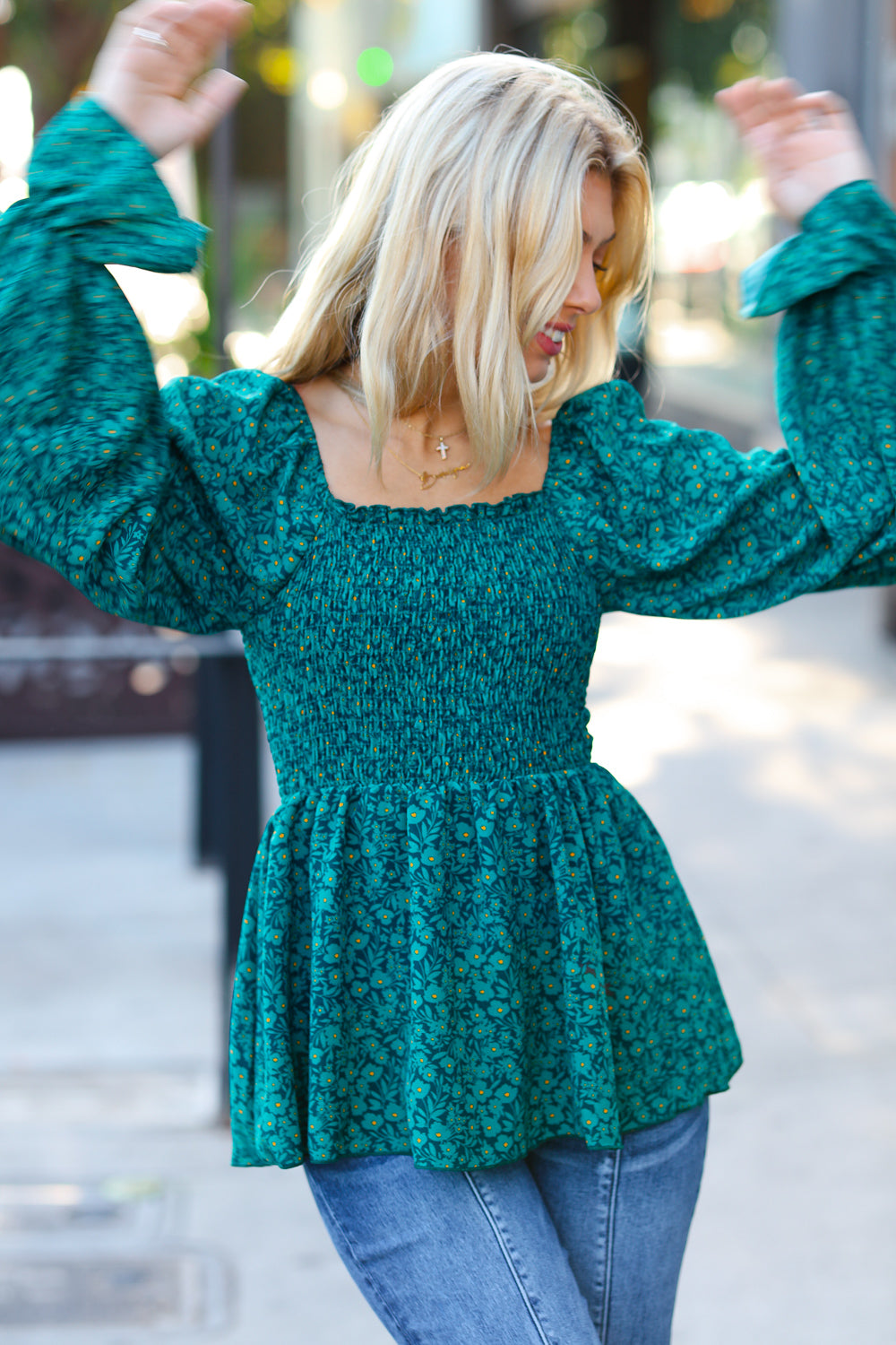 Always With You Teal Smocked Ditzy Floral Ruffle Top Haptics