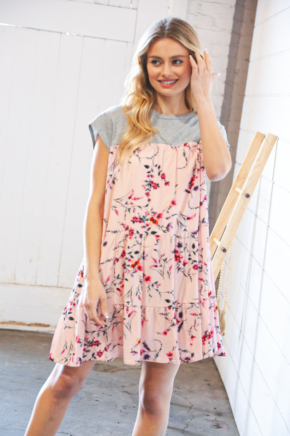 Blush Floral Crinkle Rayon & Terry Babydoll Tiered Dress Sugarfox