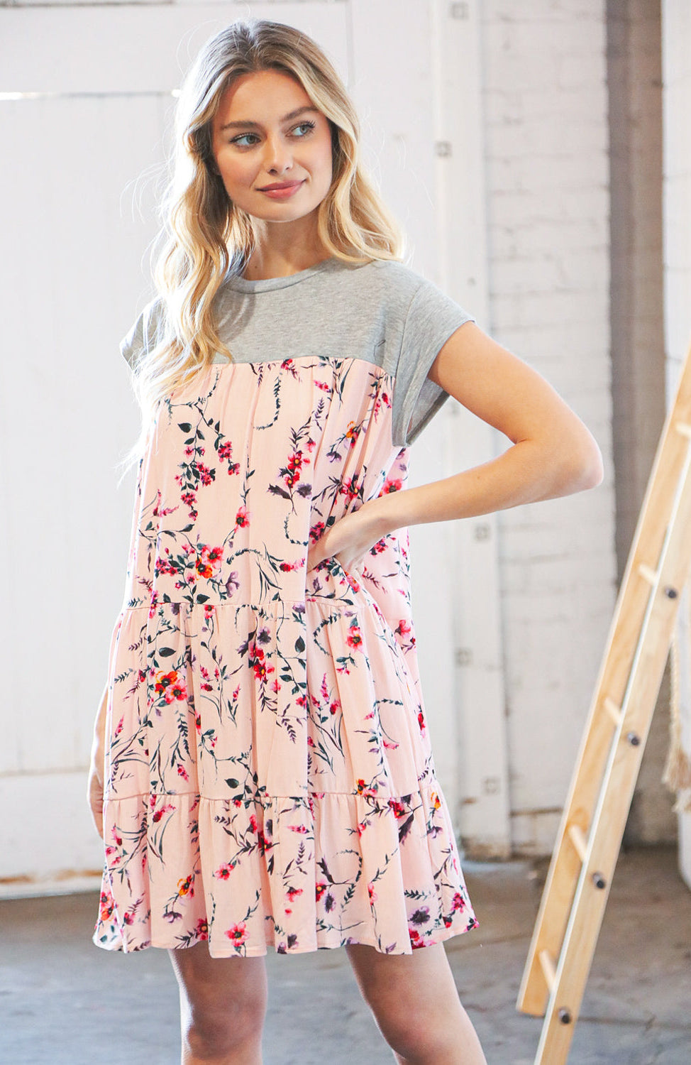 Blush Floral Crinkle Rayon & Terry Babydoll Tiered Dress Sugarfox