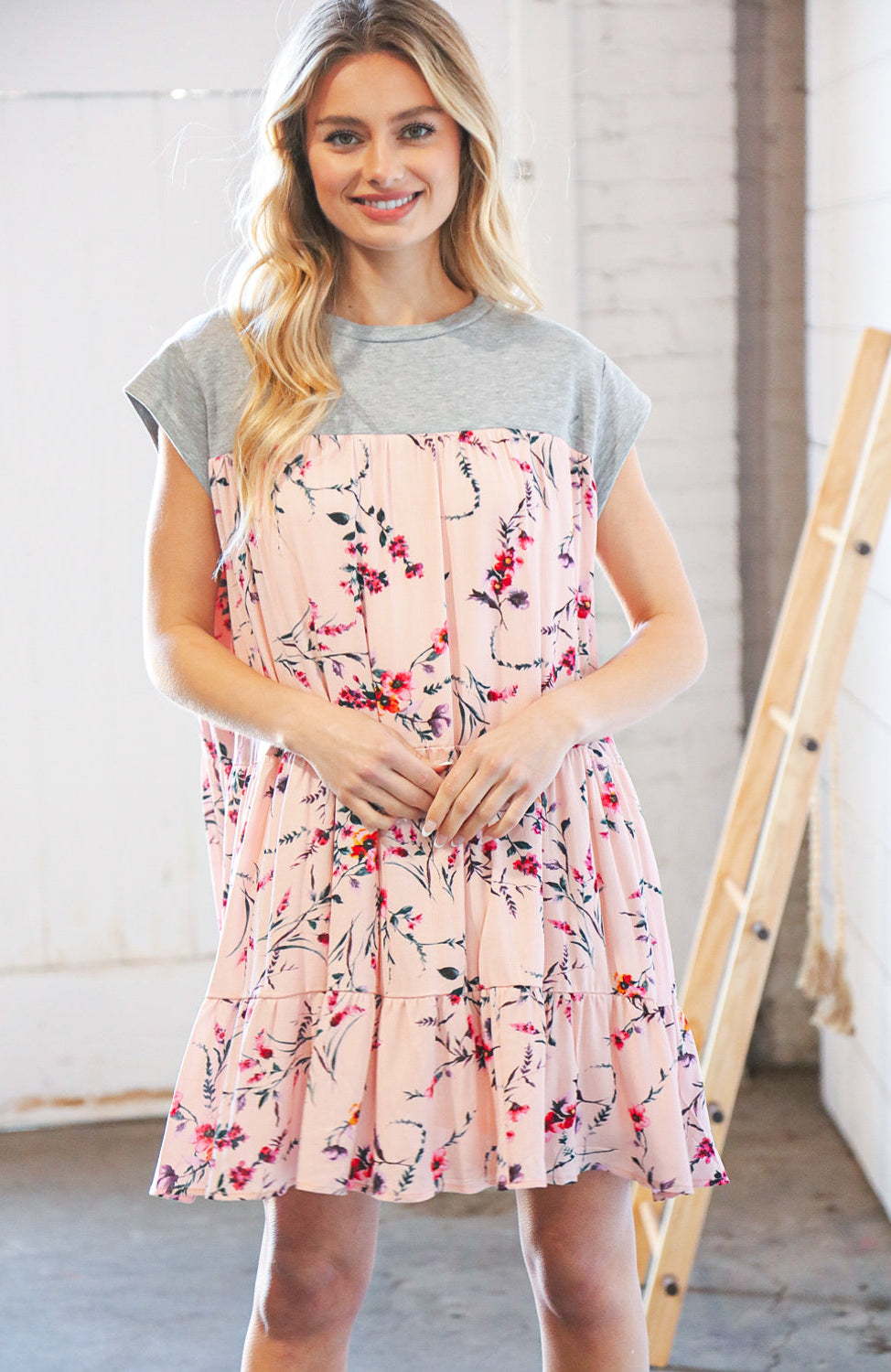 Blush Floral Crinkle Rayon & Terry Babydoll Tiered Dress Sugarfox