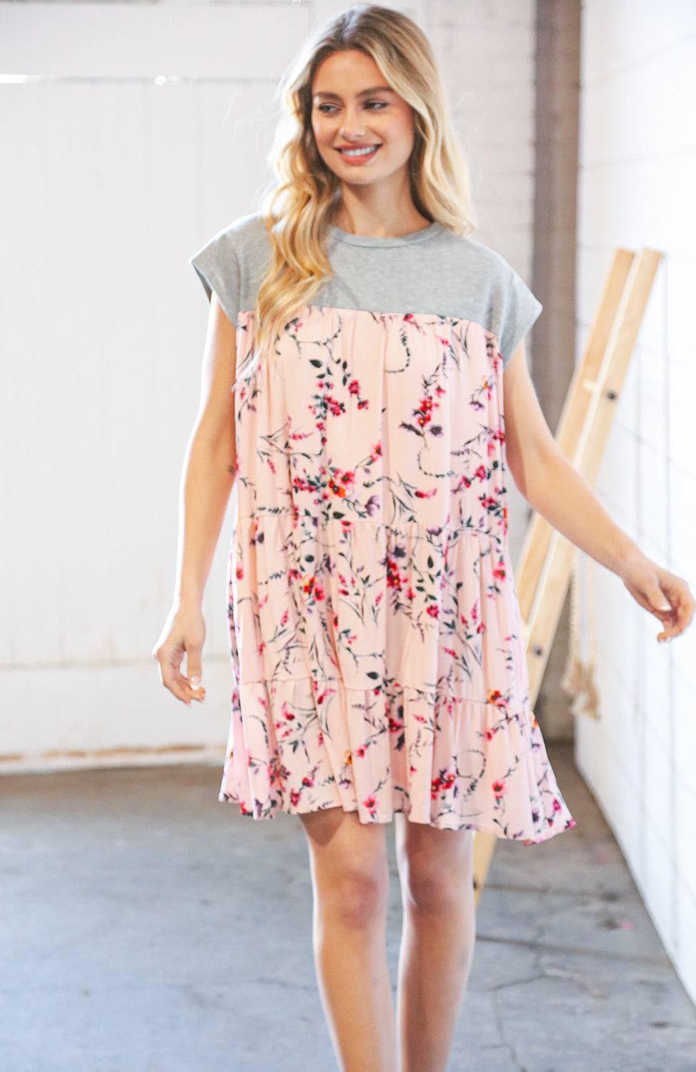 Blush Floral Crinkle Rayon & Terry Babydoll Tiered Dress Sugarfox