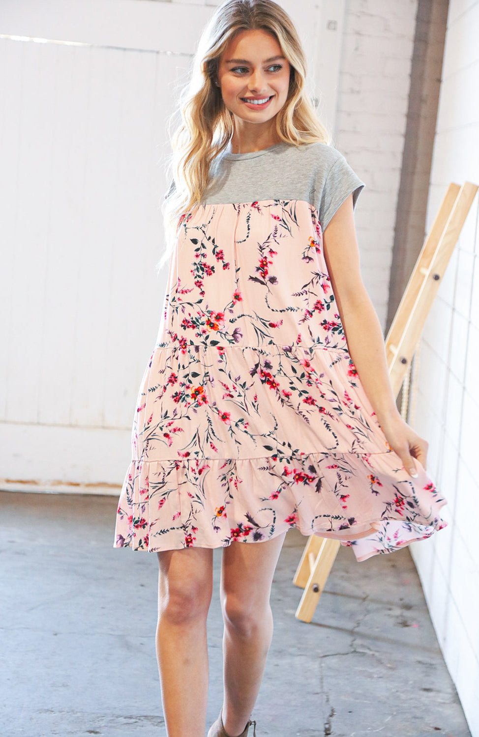 Blush Floral Crinkle Rayon & Terry Babydoll Tiered Dress Sugarfox