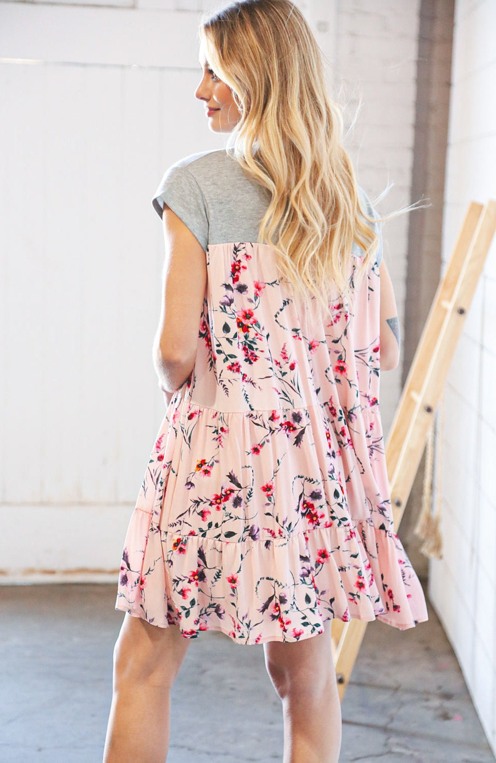 Blush Floral Crinkle Rayon & Terry Babydoll Tiered Dress Sugarfox