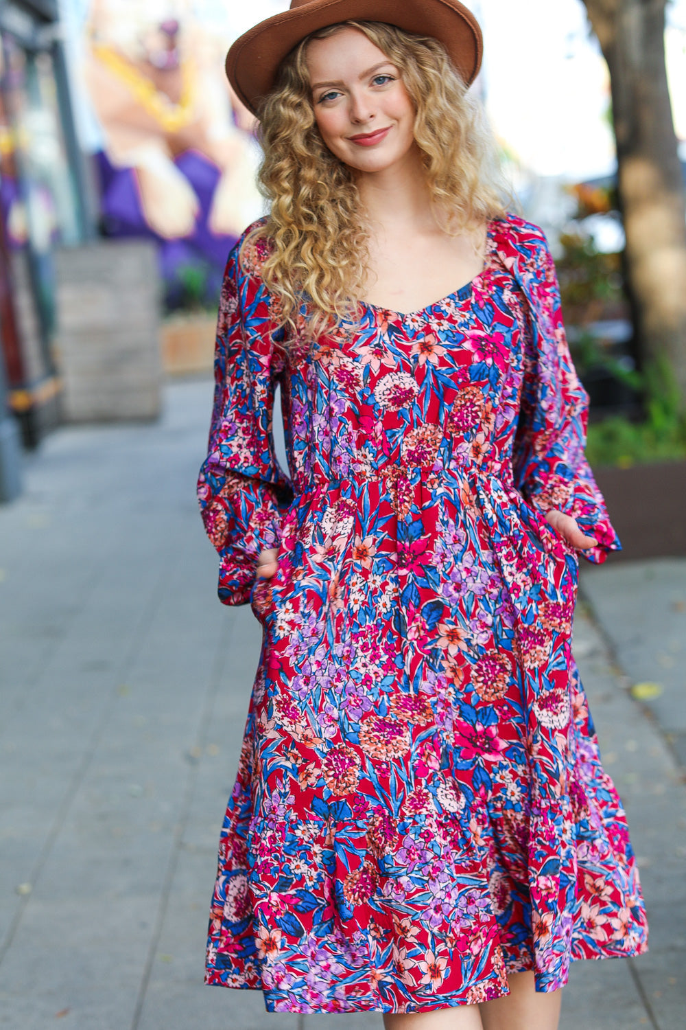 Take The Leap Magenta Floral Print Midi Dress Haptics