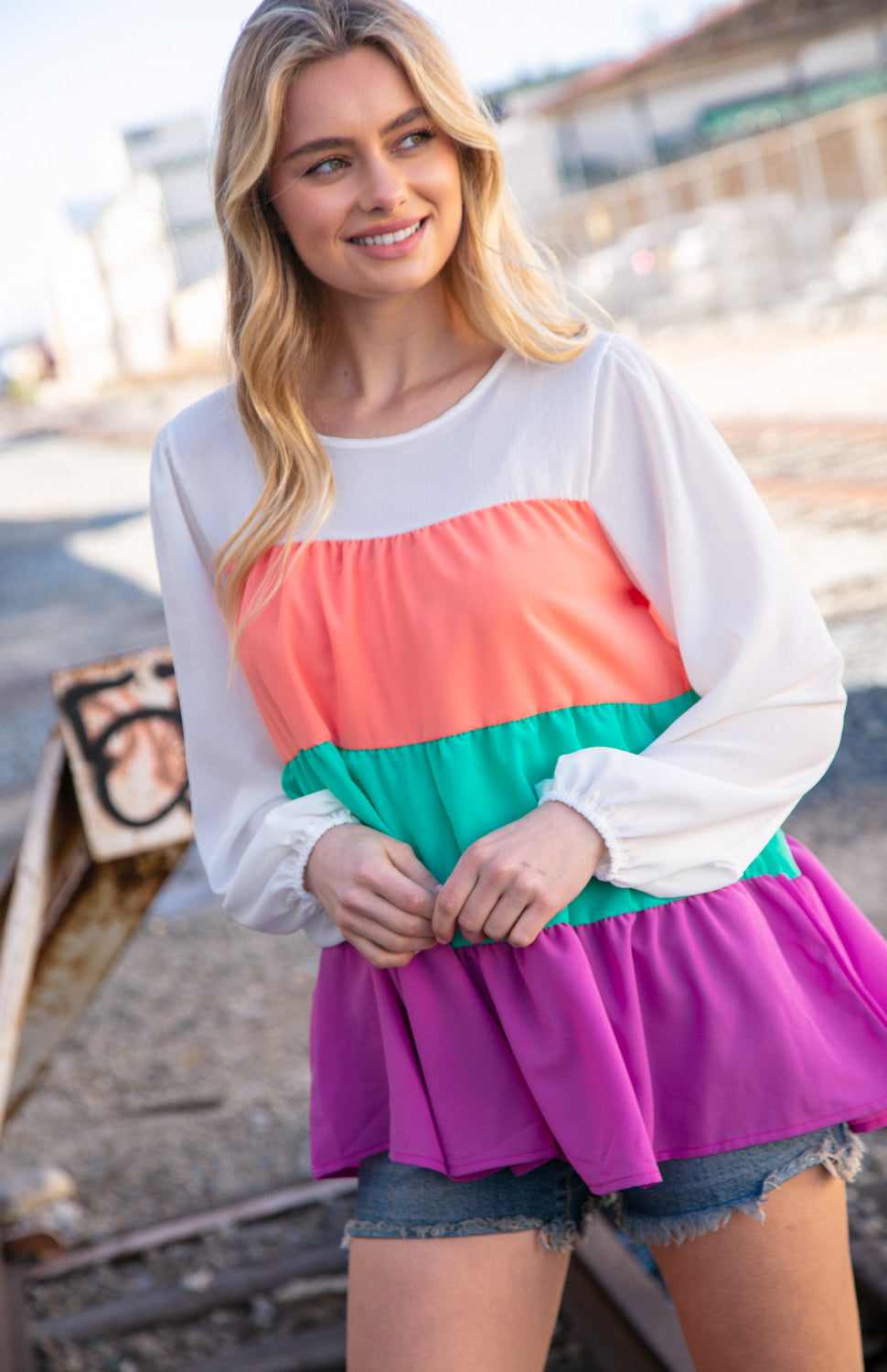 Ivory & Peach Woven Crepe Tiered Blouse Haptics