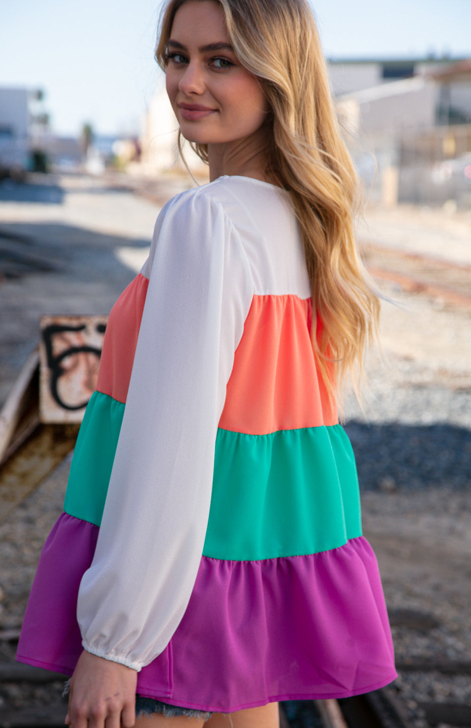 Ivory & Peach Woven Crepe Tiered Blouse Haptics