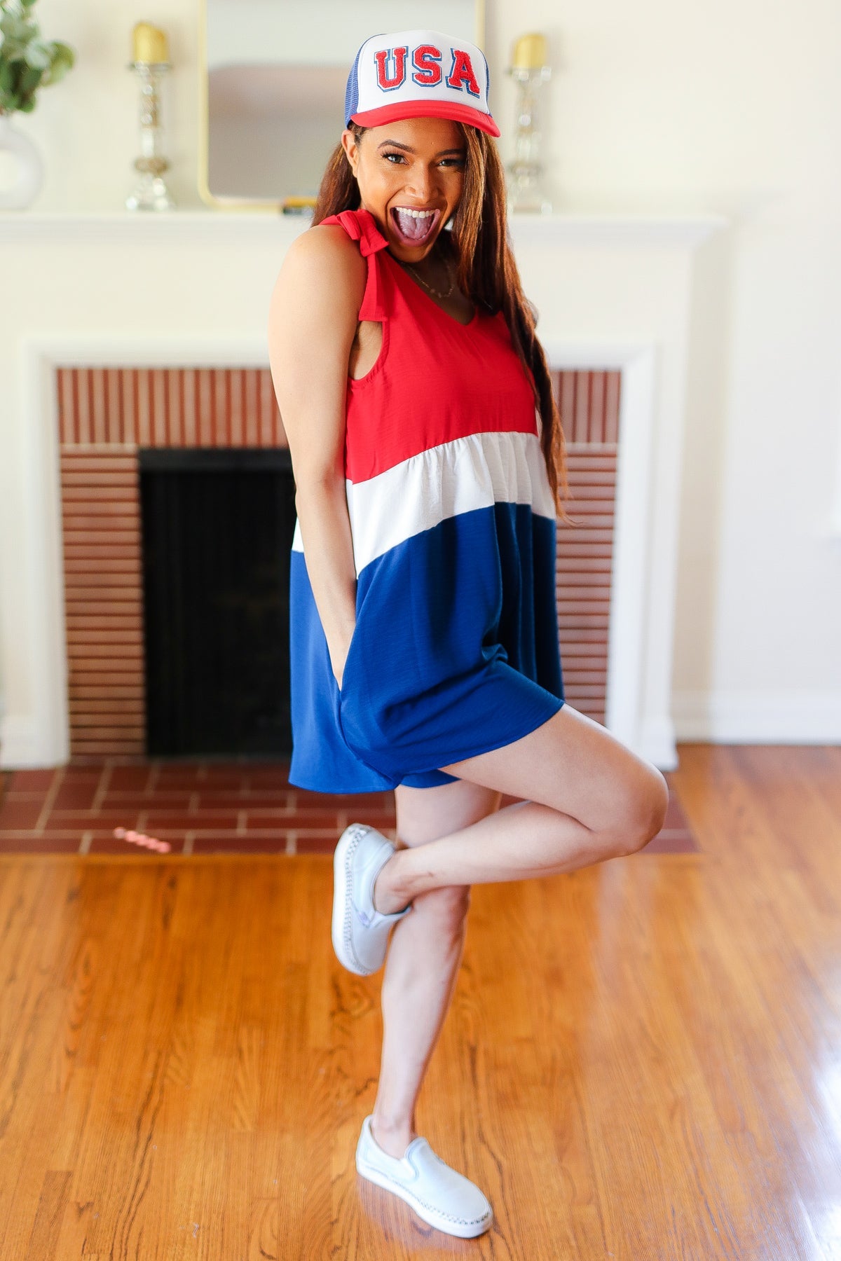 Holiday Ready Red White & Blue Color Block Shoulder Tie Romper Haptics