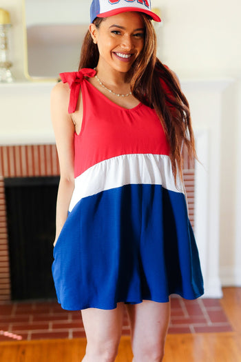 Holiday Ready Red White & Blue Color Block Shoulder Tie Romper Haptics