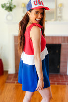 Holiday Ready Red White & Blue Color Block Shoulder Tie Romper Haptics