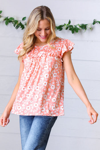 Peach Floral Print Frilled Short Sleeve Yoke Top Haptics