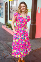 Fuchsia Floral Print Elastic Waist Ruffle Midi Dress Haptics