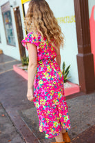 Fuchsia Floral Print Elastic Waist Ruffle Midi Dress Haptics