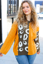 Call On Me Mustard & Olive Animal Print Cable Color Block Sweater BIBI