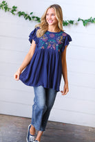 Navy Floral Embroidered Flutter Sleeve Top Haptics