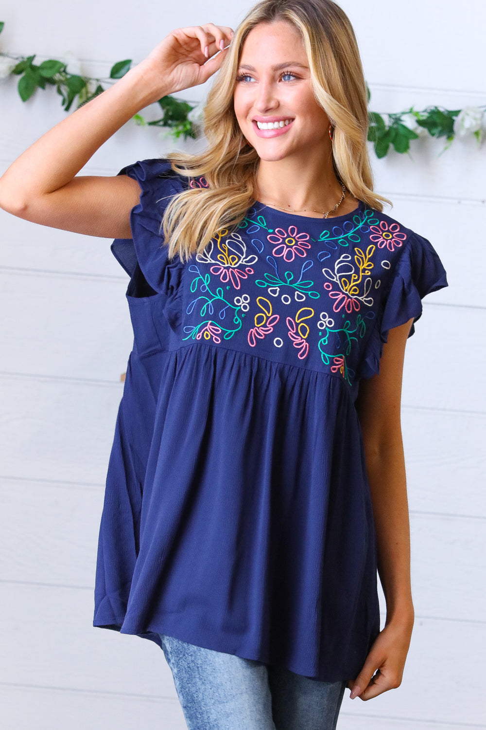 Navy Floral Embroidered Flutter Sleeve Top Haptics