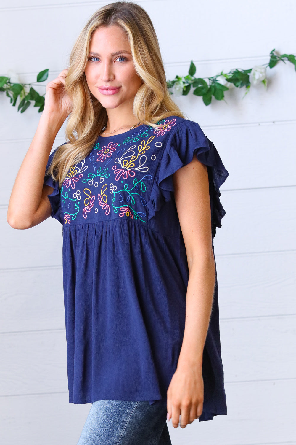 Navy Floral Embroidered Flutter Sleeve Top Haptics