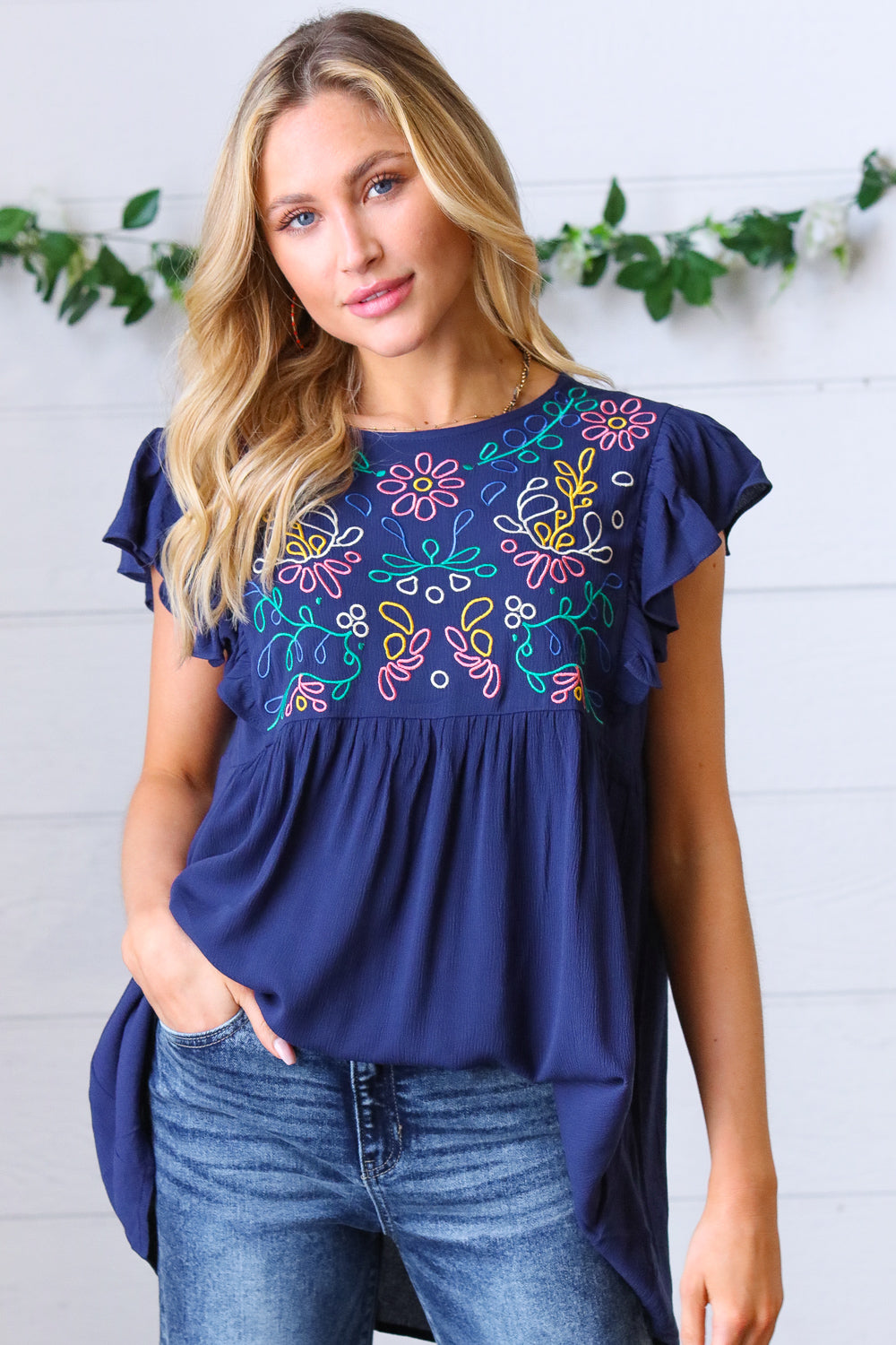 Navy Floral Embroidered Flutter Sleeve Top Haptics