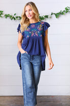 Navy Floral Embroidered Flutter Sleeve Top Haptics