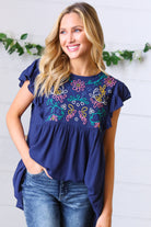 Navy Floral Embroidered Flutter Sleeve Top Haptics