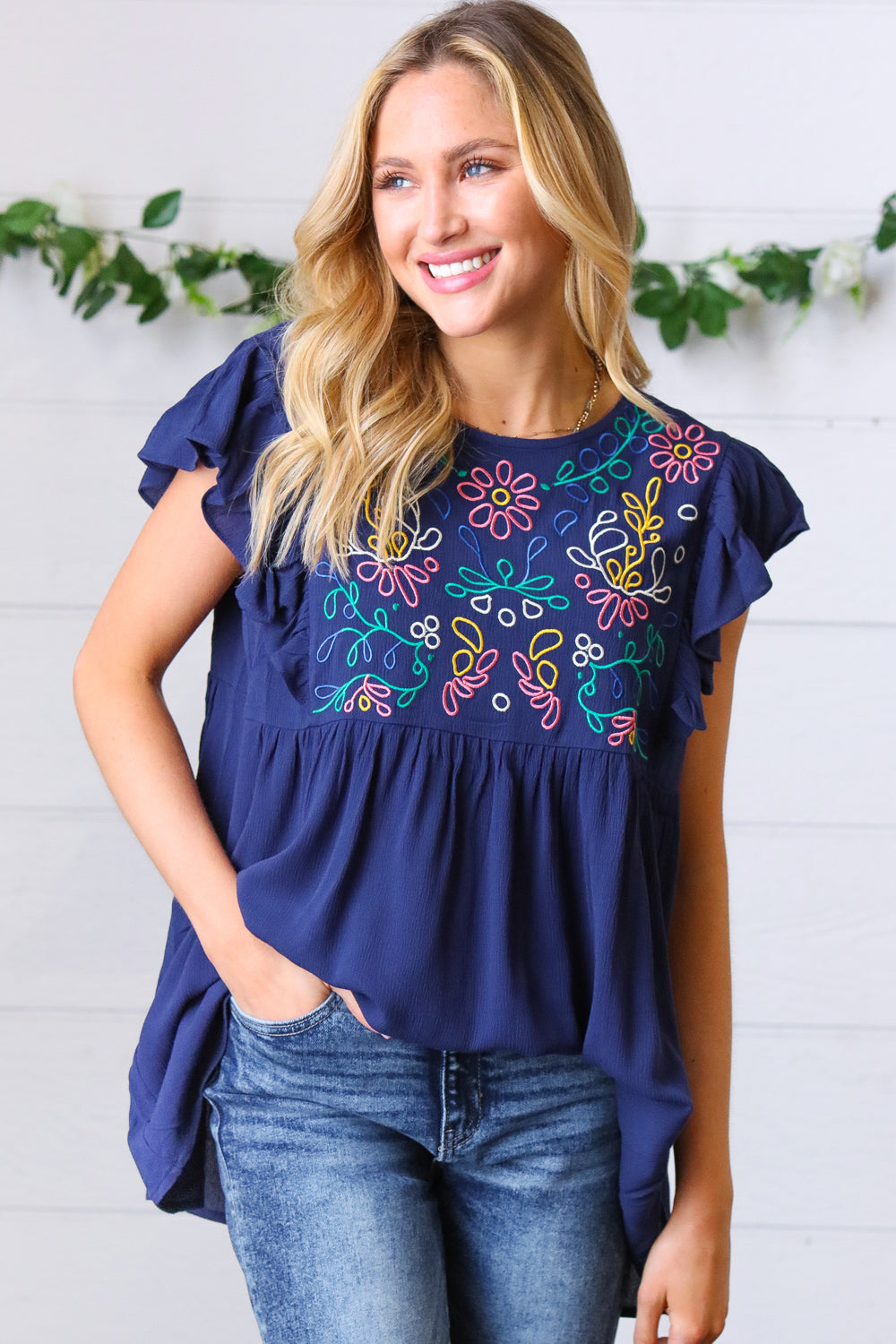 Navy Floral Embroidered Flutter Sleeve Top Haptics