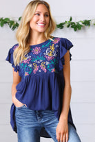 Navy Floral Embroidered Flutter Sleeve Top Haptics