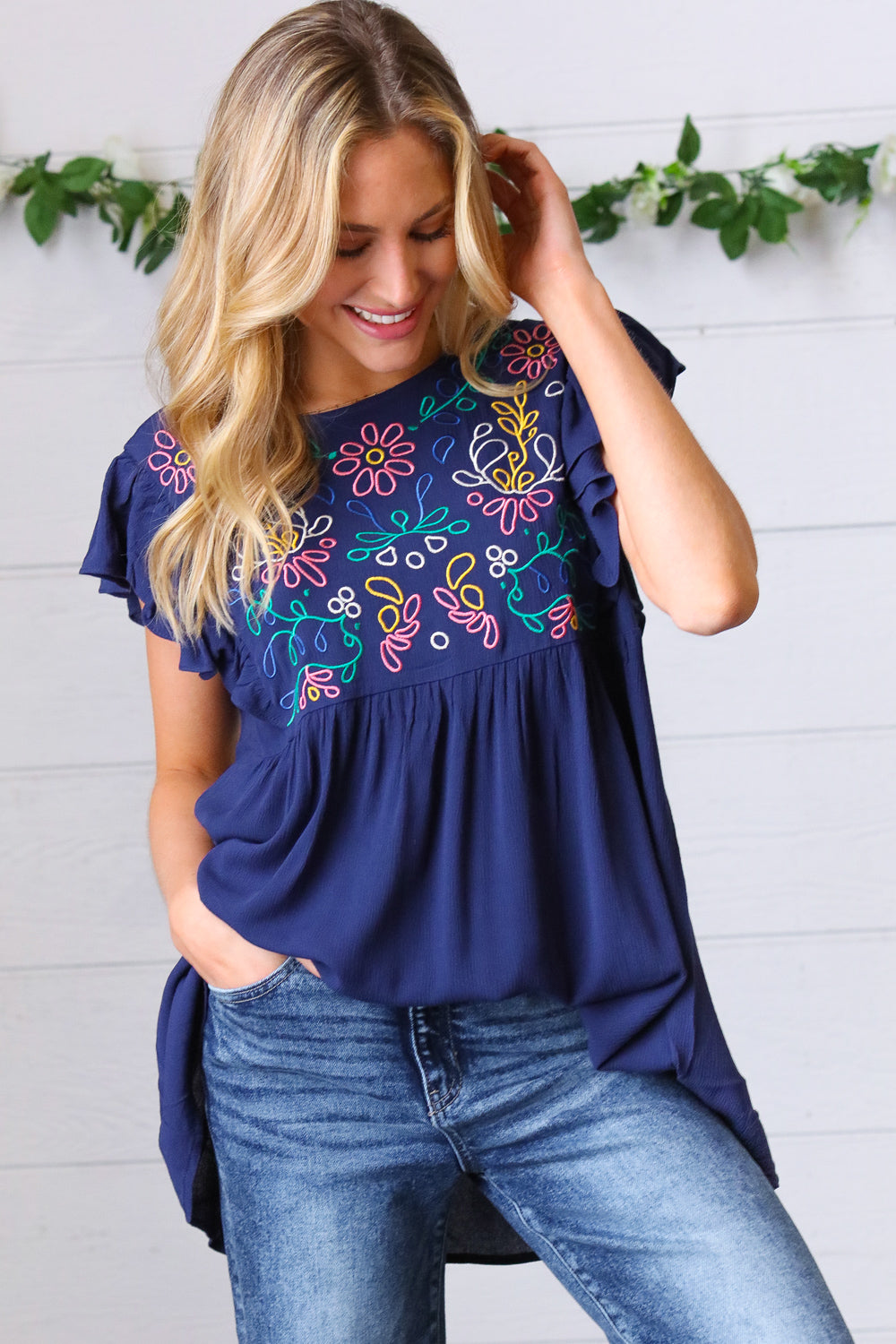 Navy Floral Embroidered Flutter Sleeve Top Haptics