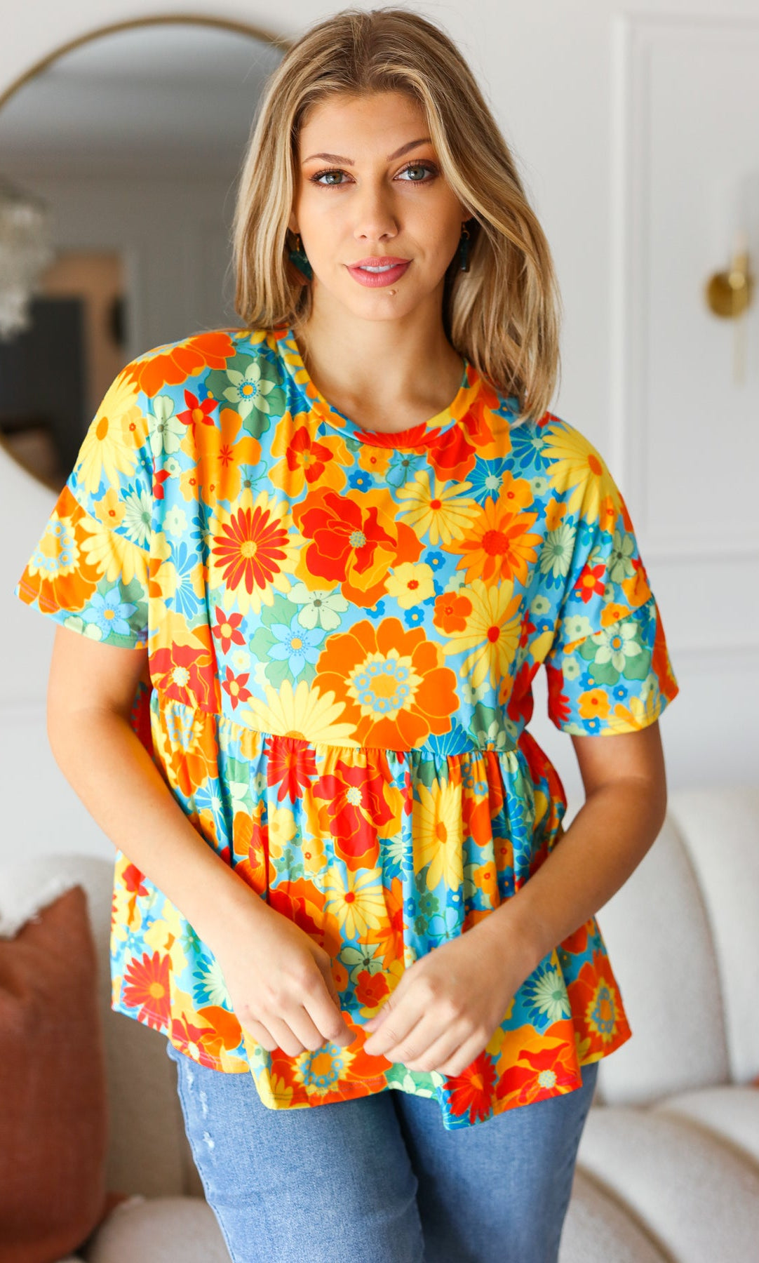 Sunflower& Red Retro Floral Swing Babydoll Top Haptics