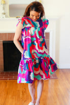 Go For Fun Fuchsia Geo Print Tiered Ruffle Sleeve Woven Dress Haptics