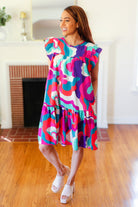 Go For Fun Fuchsia Geo Print Tiered Ruffle Sleeve Woven Dress Haptics