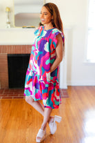 Go For Fun Fuchsia Geo Print Tiered Ruffle Sleeve Woven Dress Haptics