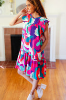 Go For Fun Fuchsia Geo Print Tiered Ruffle Sleeve Woven Dress Haptics