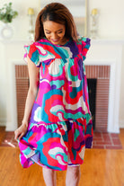 Go For Fun Fuchsia Geo Print Tiered Ruffle Sleeve Woven Dress Haptics