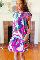 Go For Fun Fuchsia Geo Print Tiered Ruffle Sleeve Woven Dress Haptics