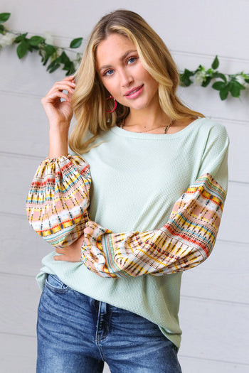 Sage Boho Print Challis Drop Sleeve Top Haptics